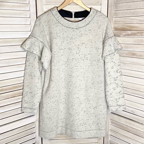 O’2nd Cream Gray Felted Wool Blend Speckled Ruffle Trim Sweater Mini Dress 1 S - Picture 3 of 11
